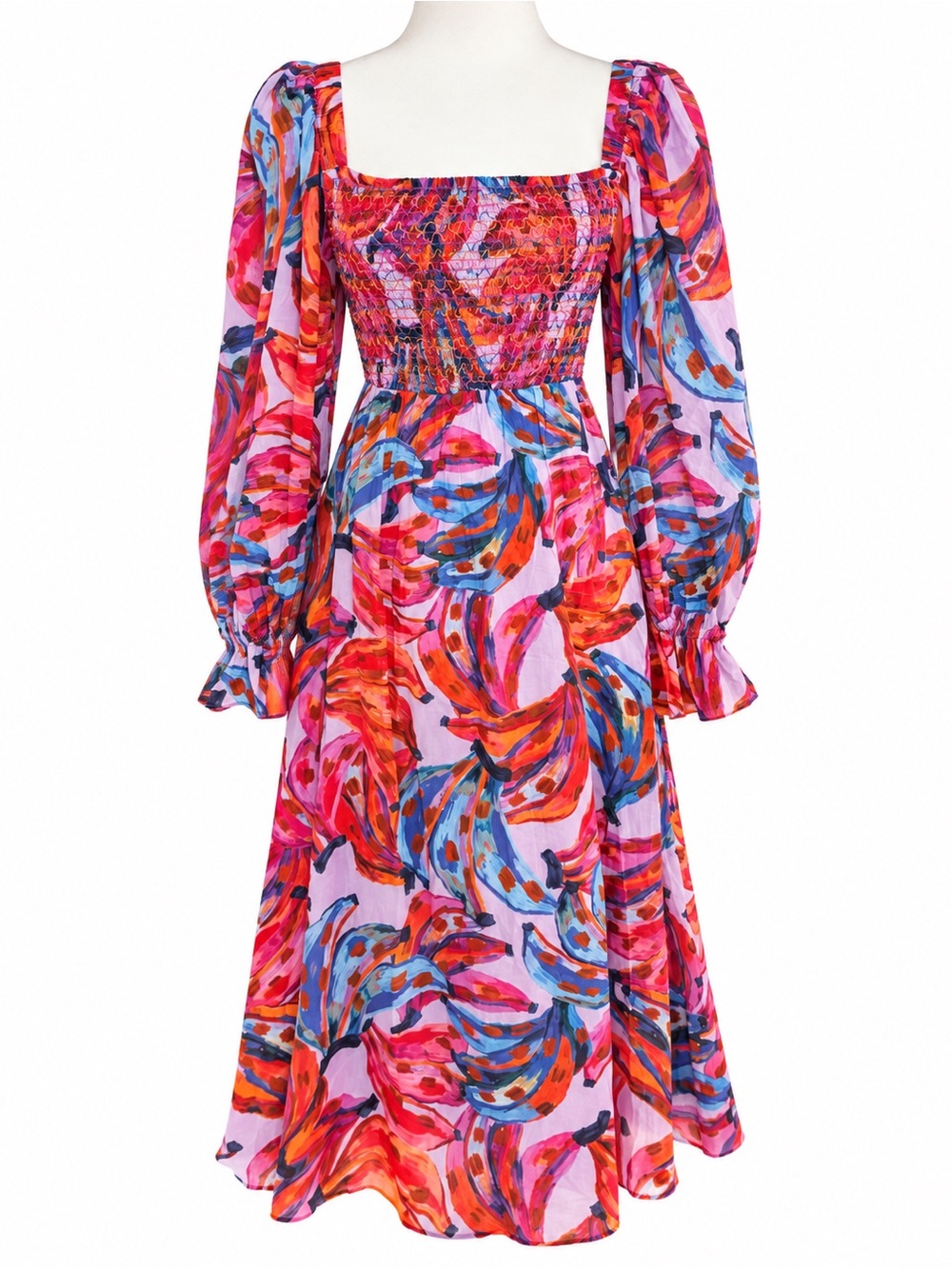 NWT FARM Rio Coloured Bananas Smocked Maxi Dress S $245